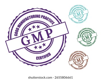 Paquete de sello certificado GMP, Vectores de sello de Aprobación de fabricación de estilo grunge