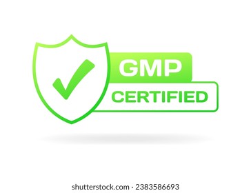 GMP Certified sign. Flat, green, shield with tick, GMP Certified sign. Vector icon
