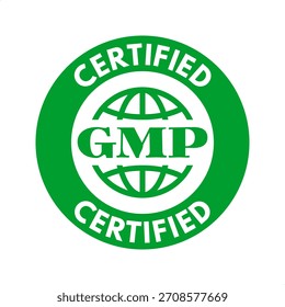 GMP certificado, Ilustración vectorial aislada en el fondo blanco, insignia de la buena práctica de la fabricación
