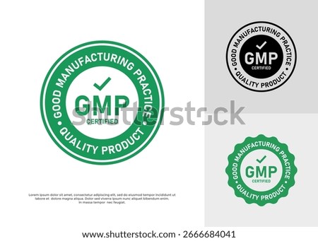 GMP and a checkmark within a green circular badge. Suitable for use on product packaging, websites, and promotional materials in the food, pharmaceutical, and cosmetic industries 