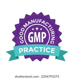gmp, good manifacturing practice, purple seal blank, blue ribbon, vector illustration 