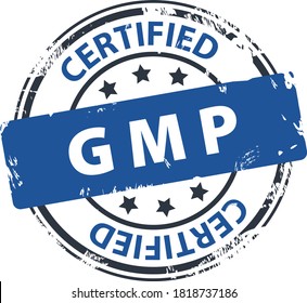 GMP Good Manufacturing Practice Certified text in round rubber stamp icon isolated on white background.