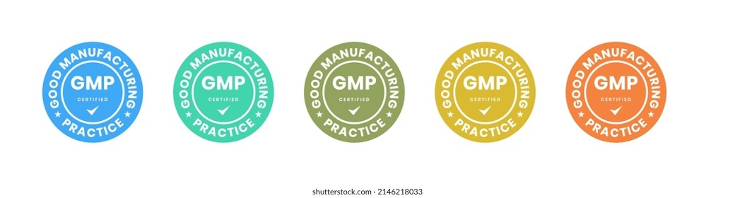 GMP Good Manufacturing Practice certified round badge stamp on white background. Manufacture and sale of food and beverages, cosmetics, pharmaceutical products, dietary supplements, and medical device