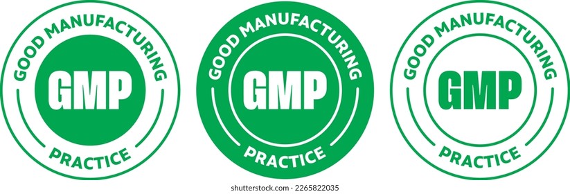 Icono certificado de GMP (Buenas Prácticas de Fabricación). Logo de símbolo verde redondeado sobre fondo transparente, ilustración vectorial.