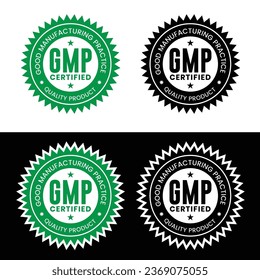 GMP (Buenas Prácticas de Fabricación) sello redondo certificado sobre fondo blanco - Vector