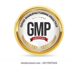 GMP Good Manufacturing Practice certified gold stamp on white background 