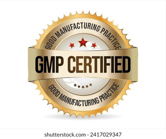 GMP Good Manufacturing Practice certified gold stamp on white background 