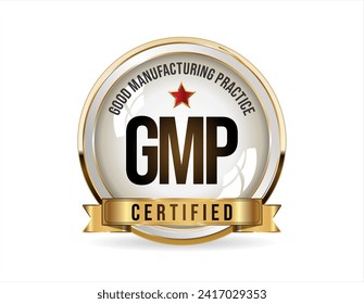 GMP Buenas Prácticas de Fabricación Sello de oro certificado en fondo blanco 