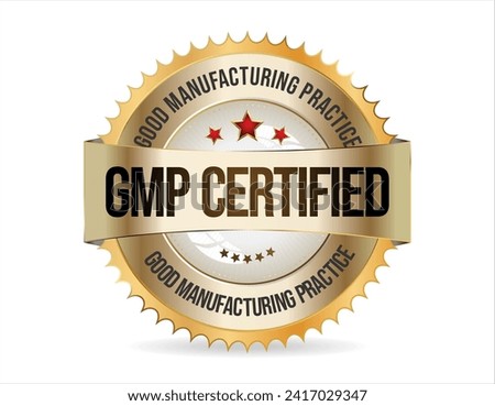 GMP Good Manufacturing Practice certified gold stamp on white background 