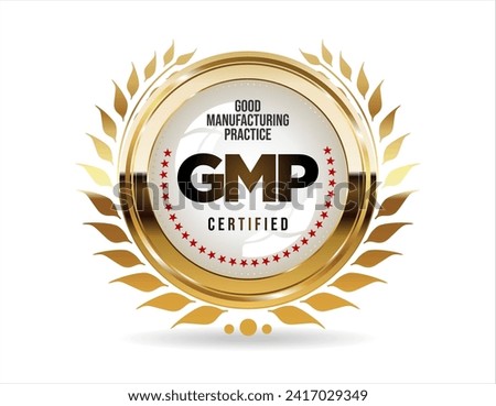GMP Good Manufacturing Practice certified gold stamp on white background 