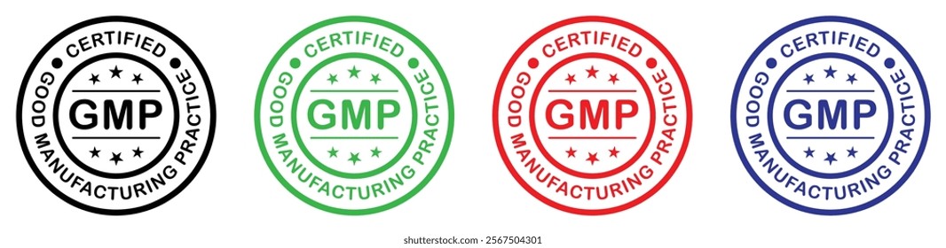 GMP (Good Manufacturing Practice) stamp vector icon set in colorful style on white background. GMP certified badge vector icon set.