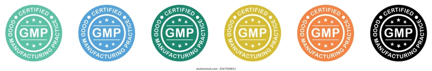 GMP (Good Manufacturing Practice) stamp vector icon set in colorful style on white background. GMP certified badge vector icon set.