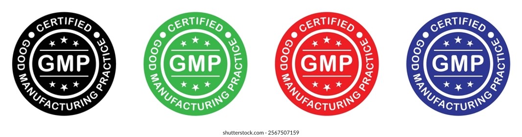 GMP (Good Manufacturing Practice) stamp vector icon set in colorful style on white background. GMP certified badge vector icon set.