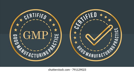 GMP, Good Manufacturing Practice stamp label on black and gold round sticker vector illustration