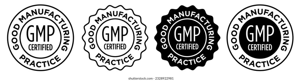 GMP Icon good manufacturing practice icon set collection vector. Approved sign symbol mark in round badge style emblem. Standard pharma Product Compliance system regulation sticker for web app ui.