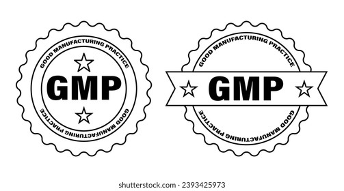 GMP set of round badges. Certified industrial stickers for products with Good Manufacturing Practice tag.