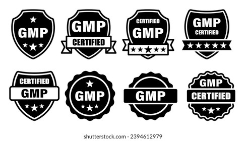 GMP set of round badges. Certified industrial stickers for products with Good Manufacturing Practice tag.