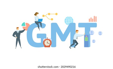 GMT, Greenwich Mean Time. Concept with keyword, people and icons. Flat vector illustration. Isolated on white.