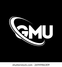 Logotipo da GMU. Carta GMU. Design do logotipo da letra GMU. Logotipo GMU inicial ligado com círculo e monograma maiúsculo. Tipografia GMU para marca de tecnologia, negócios e imóveis.