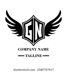 GN A bold winged shield emblem with customizable initials A-Z. Sleek black-and-white vector, perfect for branding, sports teams, motorcycle clubs, gaming,apparel and High-quality
