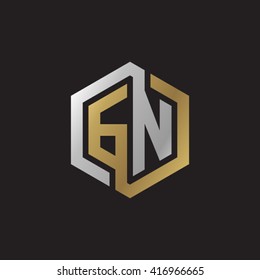 GN initial letters looping linked hexagon elegant logo golden silver black background
