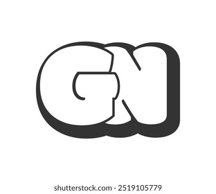 GN logo, bubble comic lettering, rounded in graffiti style black and white silhouette. Trendy preschool G and N letter text for festival party, personal initials, children funky print and web. Vector