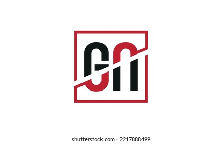 Diseño del logo de GN. Diseño monograma inicial del logotipo de la letra GN en color negro y rojo con forma cuadrada.