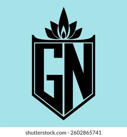 GN Logo featuring a minimalist design with a crown-like flower symbol on top, bold black elements, and a soft blue background, perfect for branding and modern visual identity.