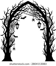 A gnarled black tree arch silhouette featuring hanging spiders, intricate spiderwebs, flying bats, and vintage lanterns. This detailed vector is perfect for Halloween party invitations, spooky window decals, vinyl cutting projects, and seasonal branding.
