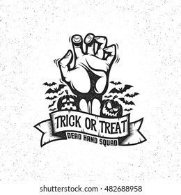 Gnarled dead man's hand sticking up. Halloween logo in vintage retro style. Layered vector illustration.