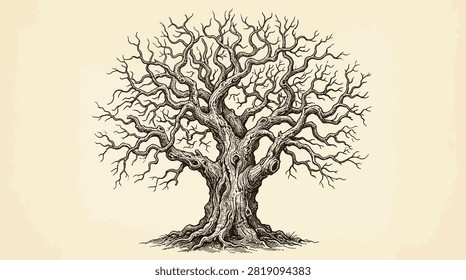 Gnarled oak tree sketch on parchment for rustic decor and botanical art.