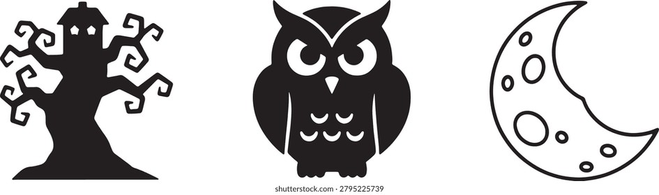 Gnarly dead tree, wise owl character, cratered moon icon, nocturnal forest scenery elements set.