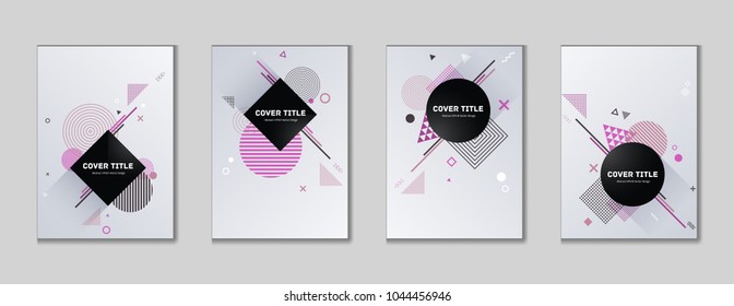 Gnarly memphis cover kit. Cool memphis template front page set with white, pink, brown and black shapes, isolated on light background. Memphis style cover backdrop collection for corporate purpose.