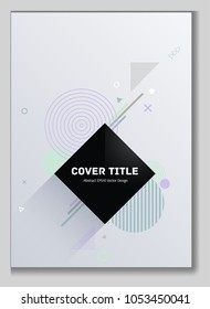 Gnarly memphis front cover background with white, violet, green and brown geometrical shapes. Minimalistic front page surface. Colorful title page graphic design for college notebook, dairy or notepad