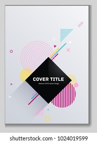 Gnarly memphis front cover vector with white, yellow, pink, purple and cyan geometrical shapes. Minimalistic front page template. Title page background for journalistic notebook, dairy or notepad.