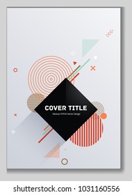 Gnarly memphis front cover vector with white, orange, beige and green geometrical shapes. Minimalistic front page surface. Colorful title page vector for journalistic notebook, dairy or notepad.