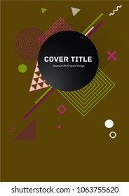 Gnarly memphis front cover vector with white, pink, magenta and green geometrical shapes on brown background. Front page template. Colorful title page vector for business notebook, dairy or notepad.