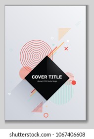 Gnarly memphis front cover vector with white geometrical shapes. Minimalistic front page theme. Colorful title page illustration for business notebook, dairy or notepad.