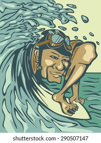 gnarly surfer making tube barrel surf poster artwork adventure vacation