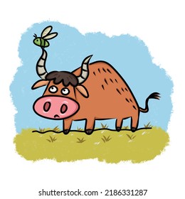 The Gnat And The Bull Picture For Story Book. Aesop's Fable Illustration. Cute Illustration Cartoon For Fairy Tale Story And Book. 