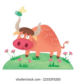 The gnat and the bull picture for story book. Aesop's fable illustration. Cute illustration cartoon for fairy tale story and book. 