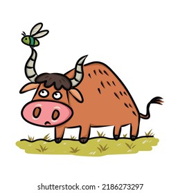 The Gnat And The Bull Vector Illustration For Story Book. Aesop's Fable Illustration Transparent Background. Cute Illustration Cartoon For Fairy Tale Story And Book. 