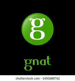 Gnat logo. Fun letter G with insects antennae. Kids team emblem. G monogram in green glossy circle.