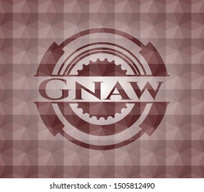Gnaw red badge with geometric pattern background. Seamless.