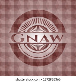 Gnaw red emblem or badge with abstract geometric polygonal pattern background. Seamless.