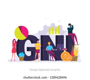 GNI, Gross National Income acronym. Concept with keywords, letters and icons. Colored flat vector illustration. 