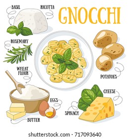 Gnocchi and its ingredients. Italian traditional cuisine.