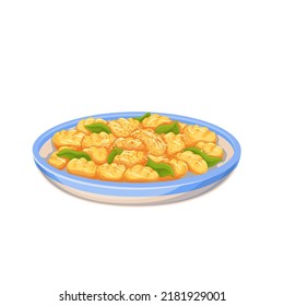 Gnocchi, Italian food vector illustration. Cartoon isolated glass plate with cooked meal of homemade potato and cheese gnocci, tomato sauce and basil leaf, gourmet recipe of dish in cuisine of Italy