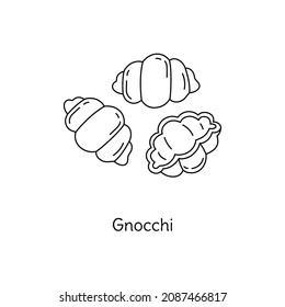 Gnocchi pasta illustration. Vector doodle sketch. Traditional Italian food. Hand-drawn image for engraving or coloring book. Isolated black line icon. Editable stroke