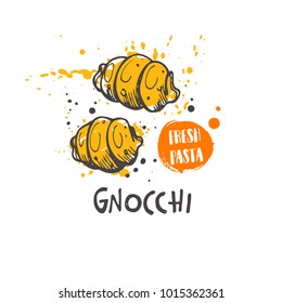 Gnocchi pasta. Italian cuisine. Logo, icon and label for your design. Hand drawn doodle vector illustration. Can be used for menu, cafe, restaurant, bar, poster, shop, food studio, emblem, sticker.